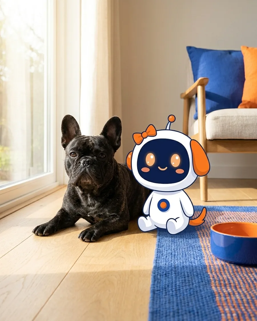 A happy brindle French bulldog resting on a sunny floor next to Vet, the Puptide robot helper