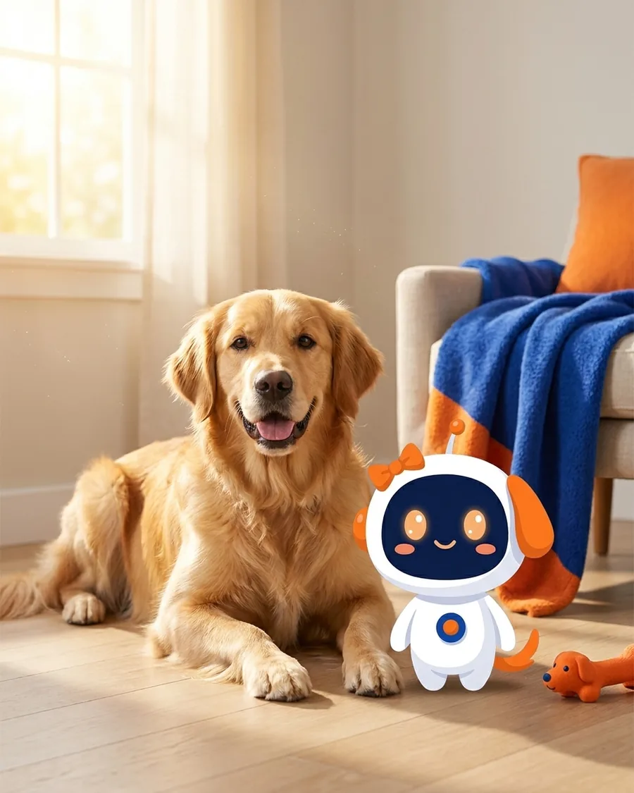 A happy golden retriever resting on a sunny floor next to Vet, the Puptide robot helper